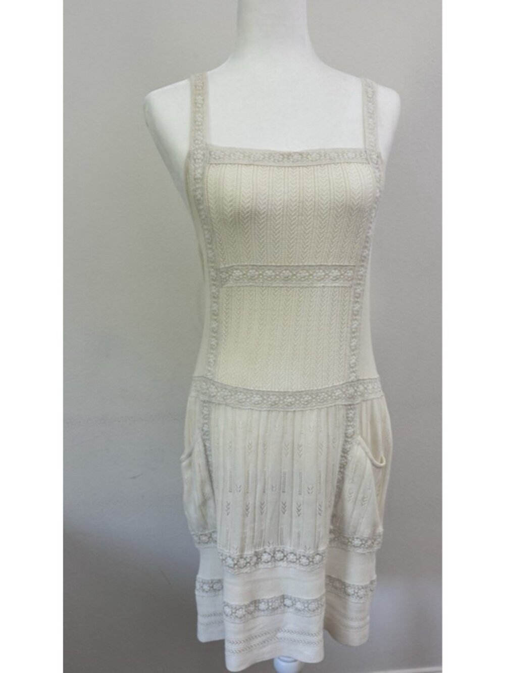 Zimmermann Cream Knit Lace Cotton Boho Ribbed Mini Knit Dress AU 8 US 4